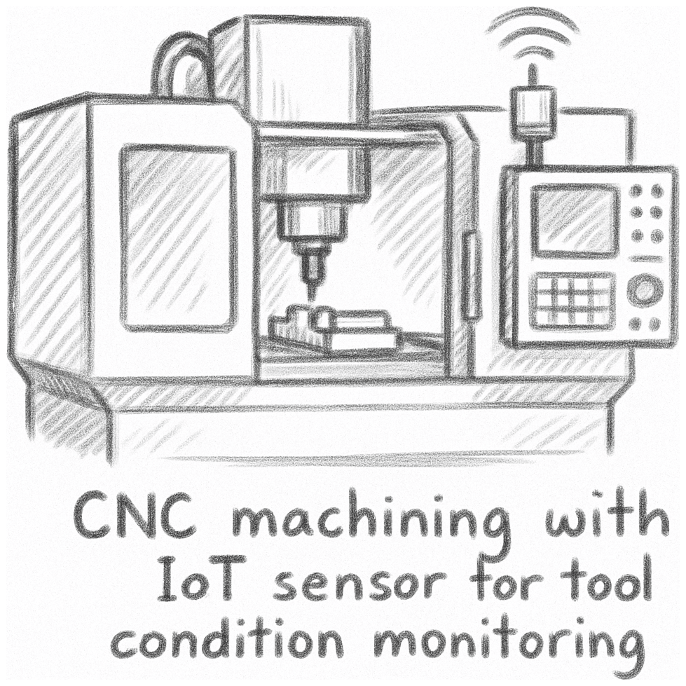 A close-up of a CNC machine tool during high-speed operation with sensor overlay